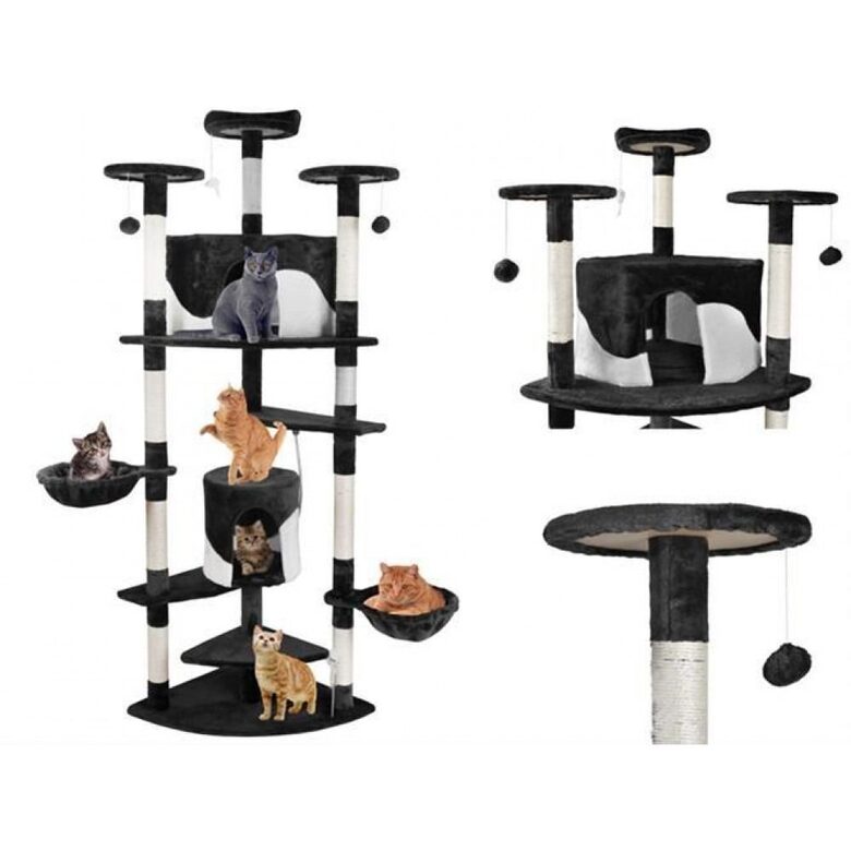 Kaķu māja ar torņiem, bumbiņām un mīkstu materiālu, melna, 200 cm